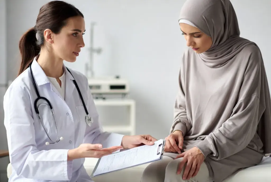مريضة تتحدث إلى طبيبة في العيادة