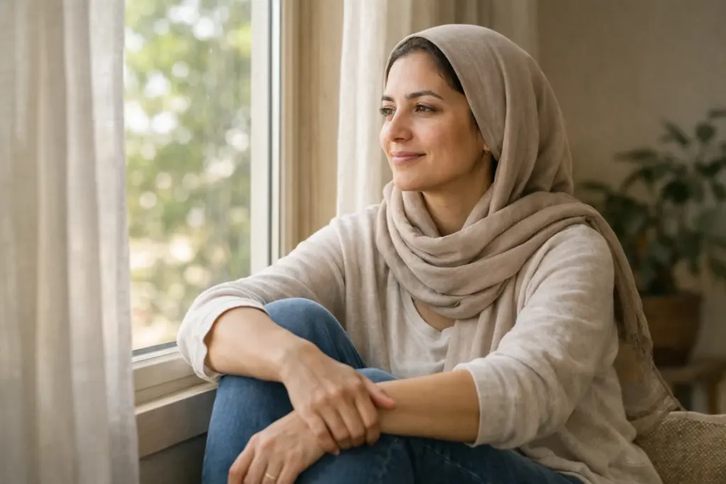 امرأة تجلس بهدوء قرب النافذة