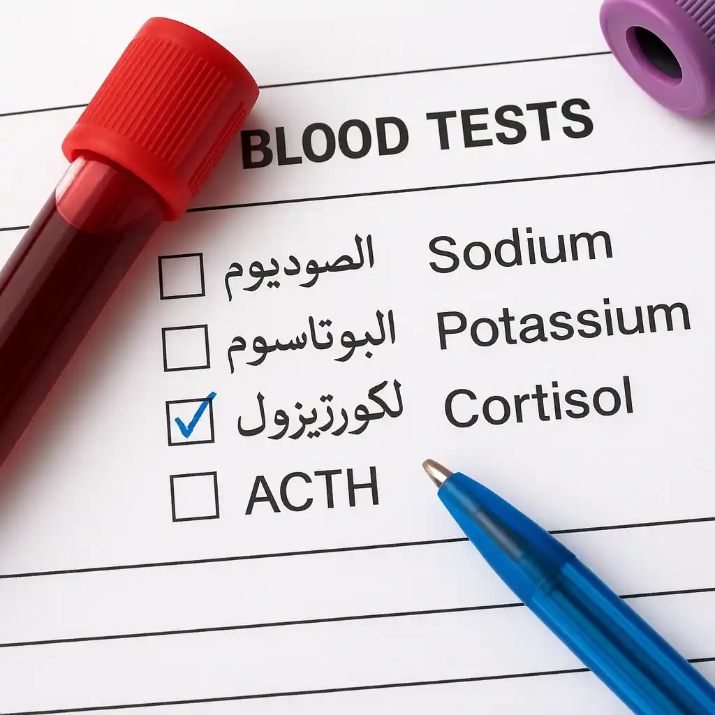 تحاليل الدم: لقياس مستويات الصوديوم، والبوتاسيوم، والكورتيزول، وهرمون ACTH