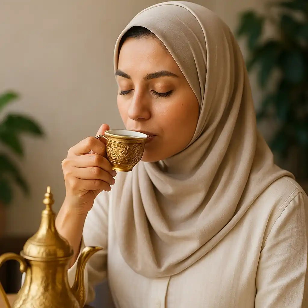 امرأة تشرب القهوة العربية