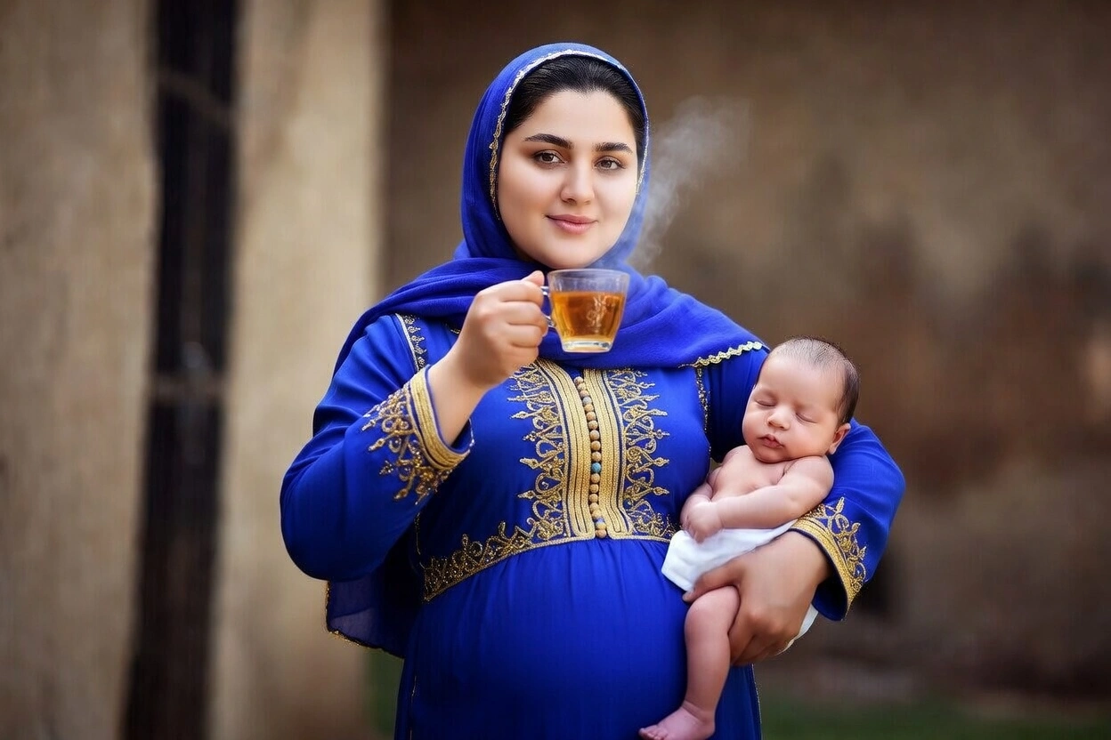 امرأة تحمل رضيعًا وتشرب كوبًا من اليانسون