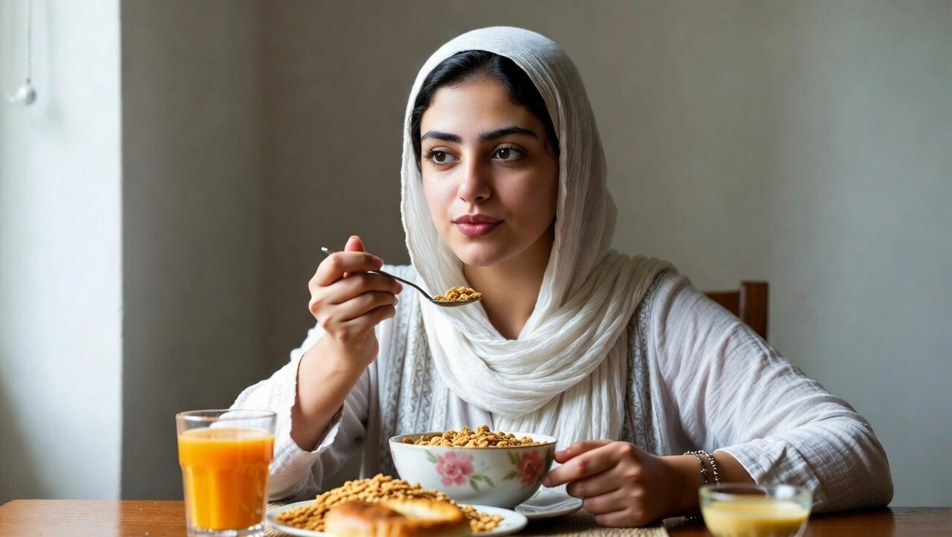 امراة تتناول وجبة من حبوب الإفطار