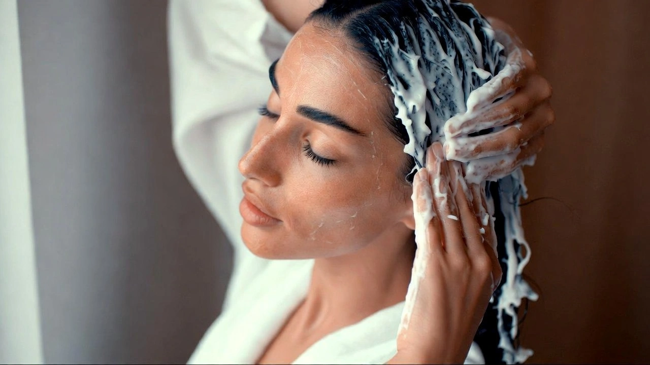 امرأة تقوم بغسل الشعر بلطف