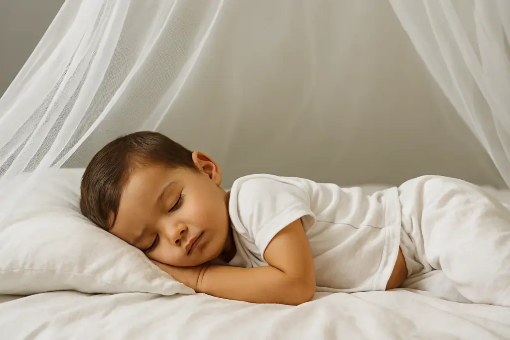 طفل نائم وتحيط به ناموسية