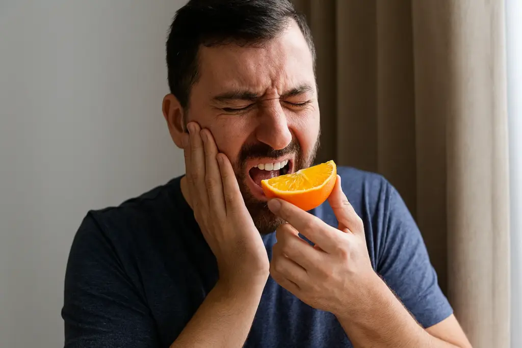 رجل يشعر بالألم في فمه بسبب تناول البرتقال
