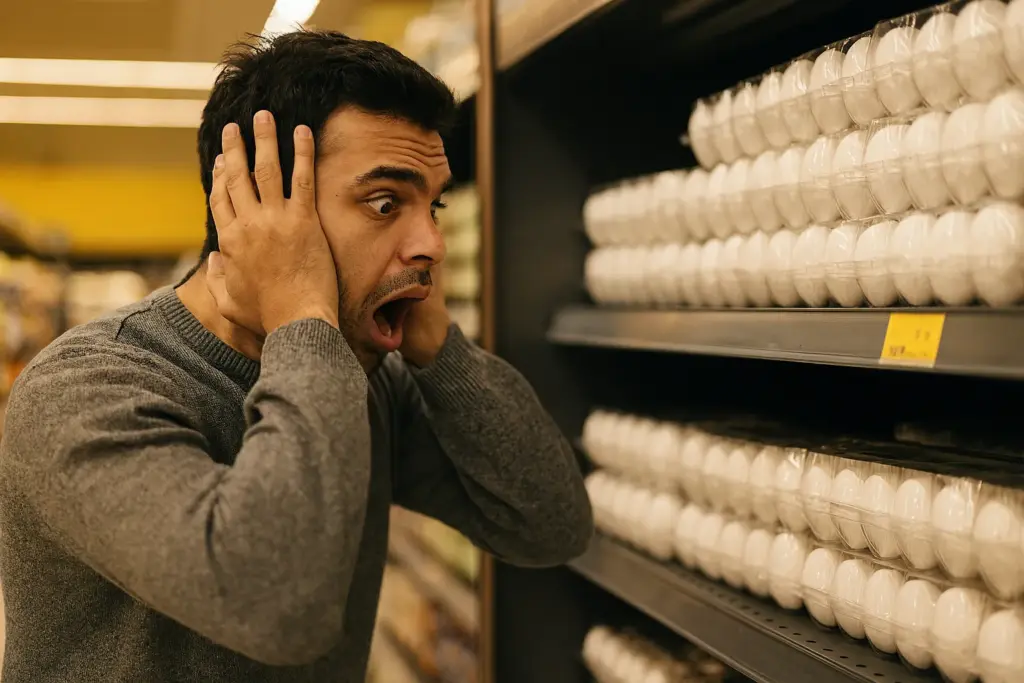 رجل مصدوم من سعر البيض المرتفع