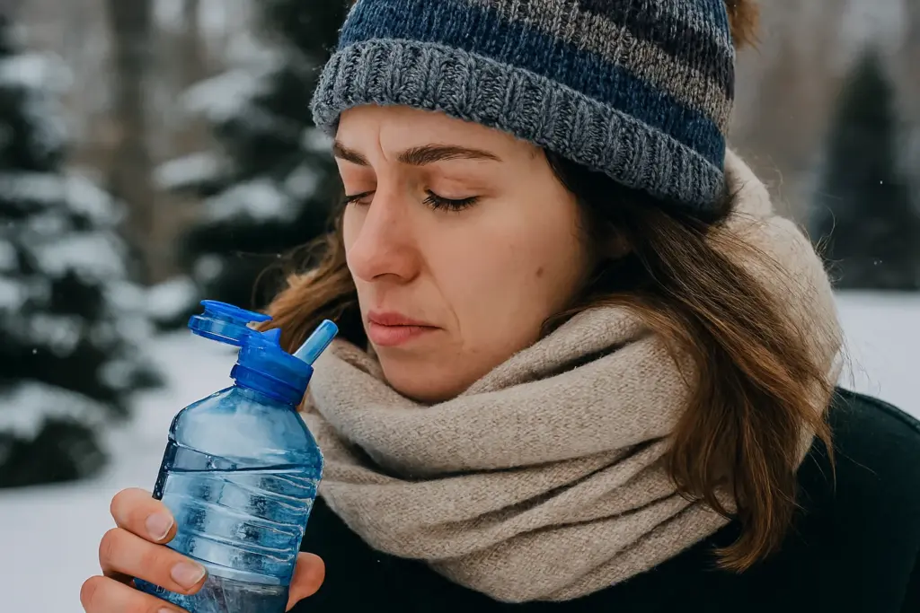 شابة تشرب الماء في الطقس البارد