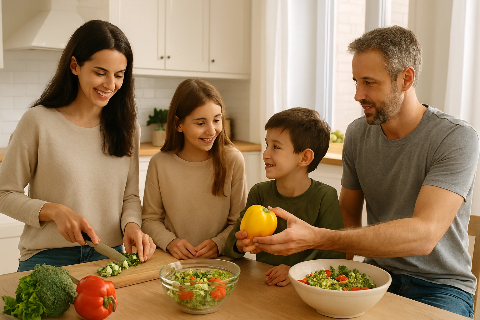 عائلة تحضر طعام صحي بشكل مشترك