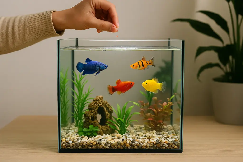 شخص يطعم سمك الزينة