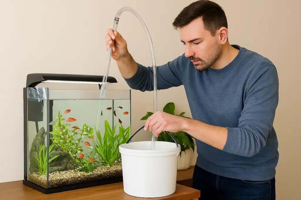 رجل ينظف حوض السمك