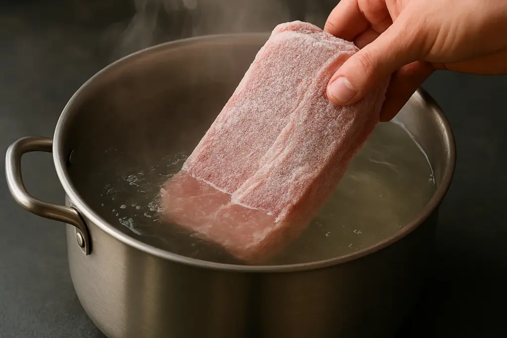 إذابة قطعة من اللحم المجمد في الماء الساخن