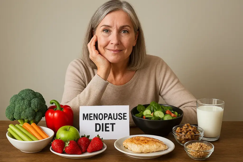 أطباق غذائية صحية وامرأة في مرحلة انقطاع الطمث