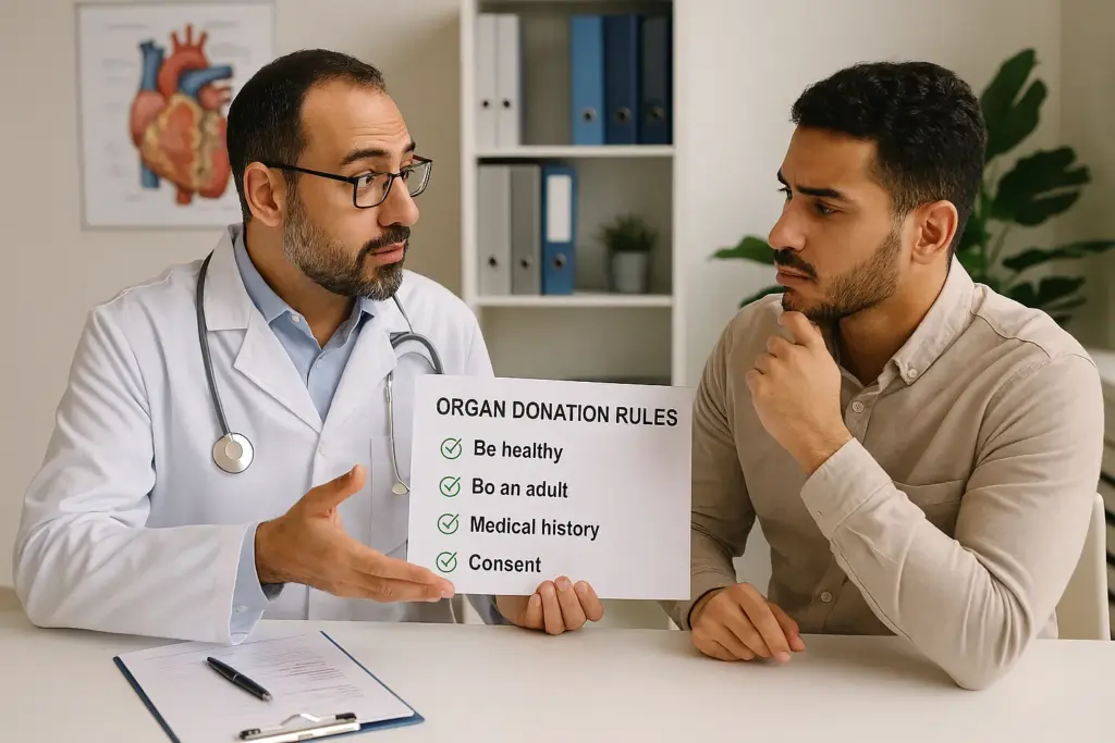 طبيب ومريض يتناقشان حول قواعد التبرع بالأعضاء