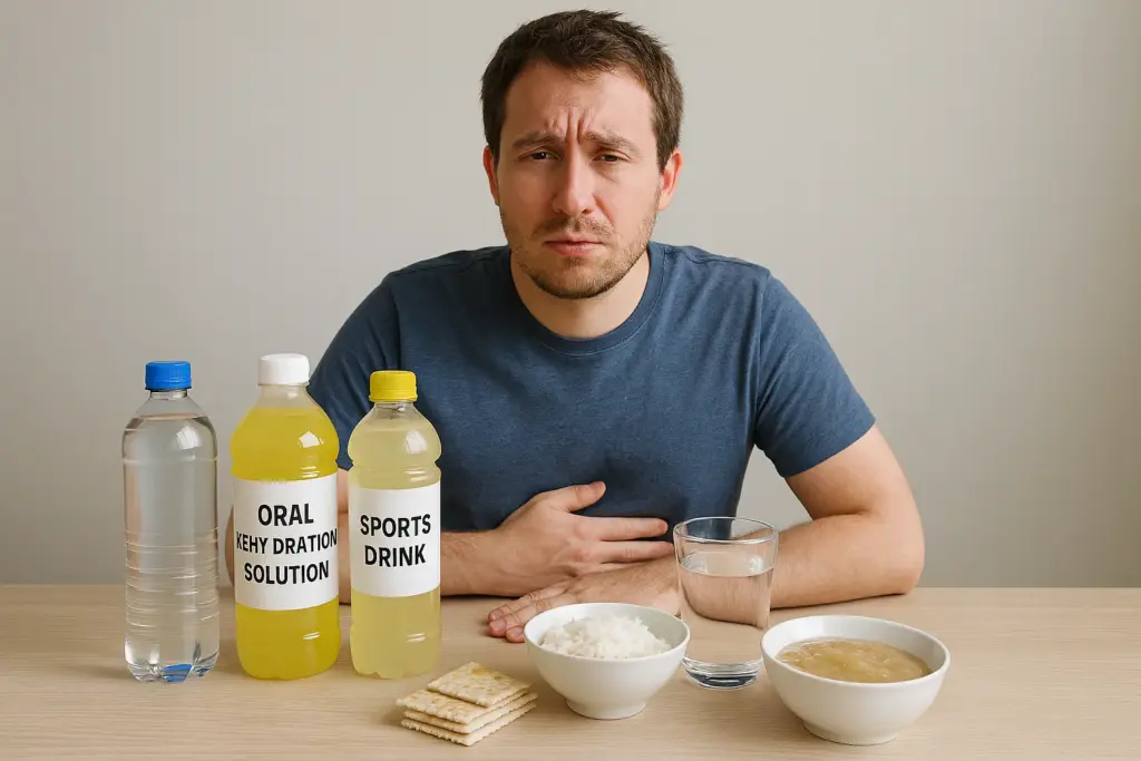 شخص محاط بسوائل تعويضية وأطعمة خفيفة