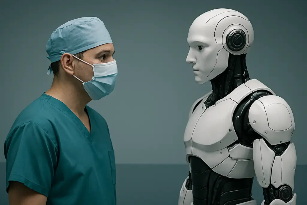 طبيب جراح يقف مقابل روبوت