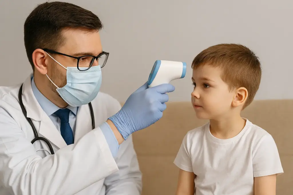 طبيب يقيس درجة حرارة طفل