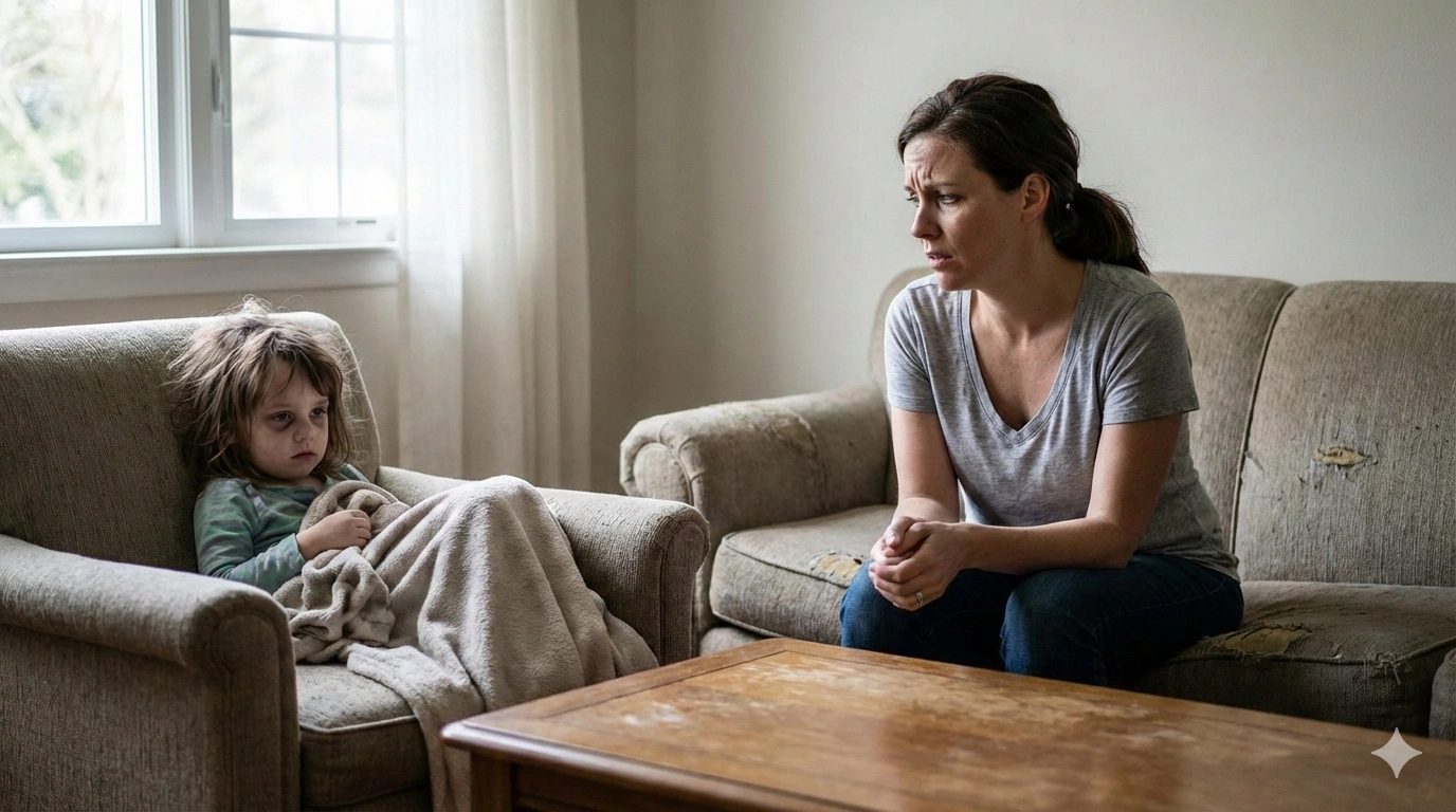 طفل مريض في دولة فقيرة أمام والدته في حالة عجز.