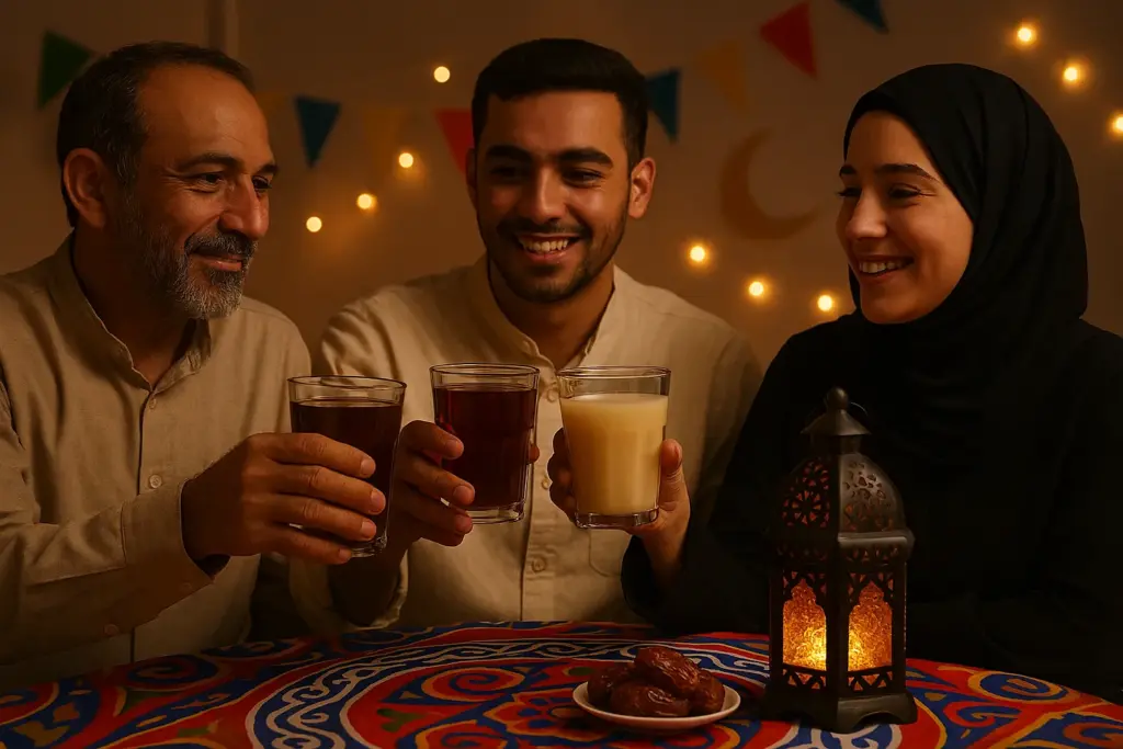 أشخاص يفطرون على مشروبات رمضانية