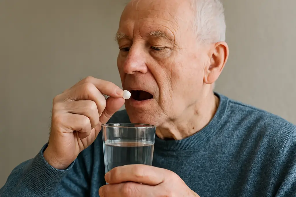 رجل مسن يتناول حبة دواء