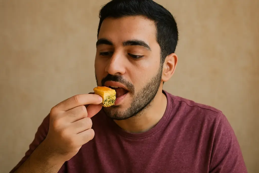 شاب يأكل قطعة من الحلويات العربية