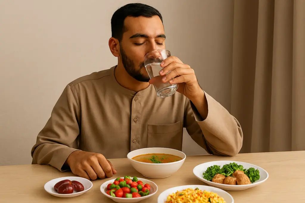 شخص صائم يفطر على الماء وإفطار صحي