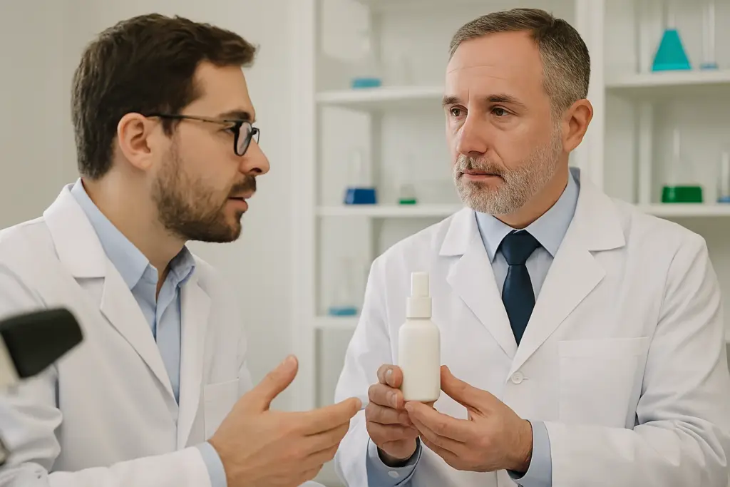 عالمان يتناقشان حول تطوير منتج طبي