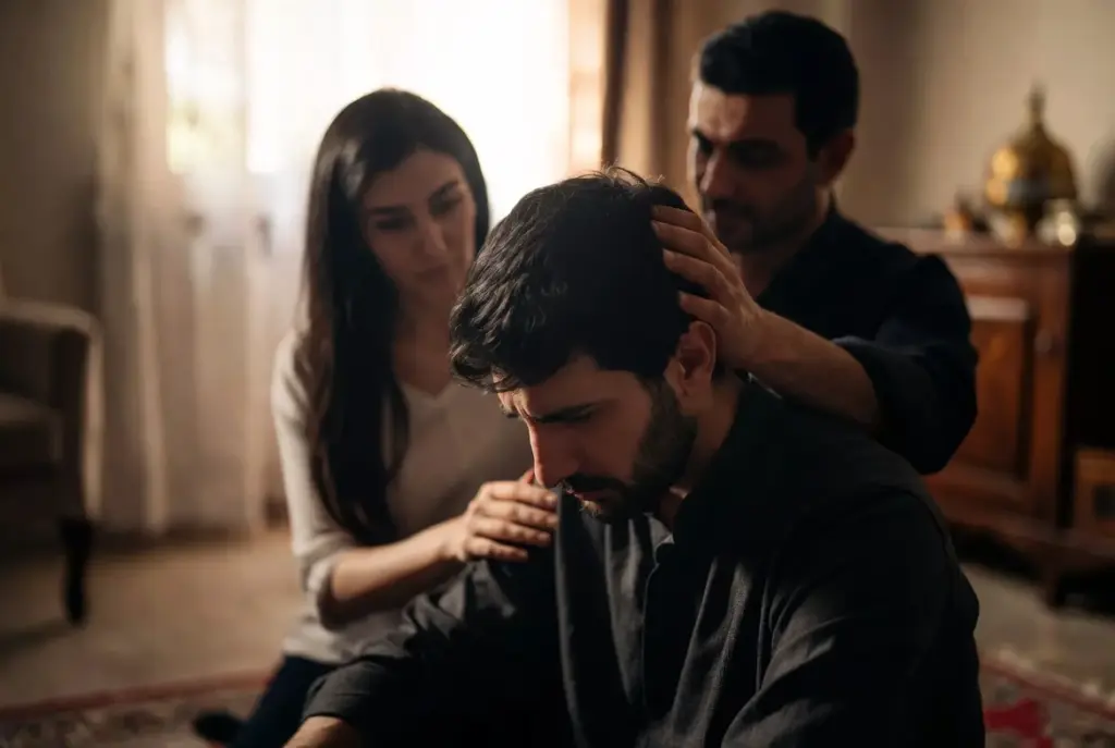 عائلة تواسي شخصًا متعبًا