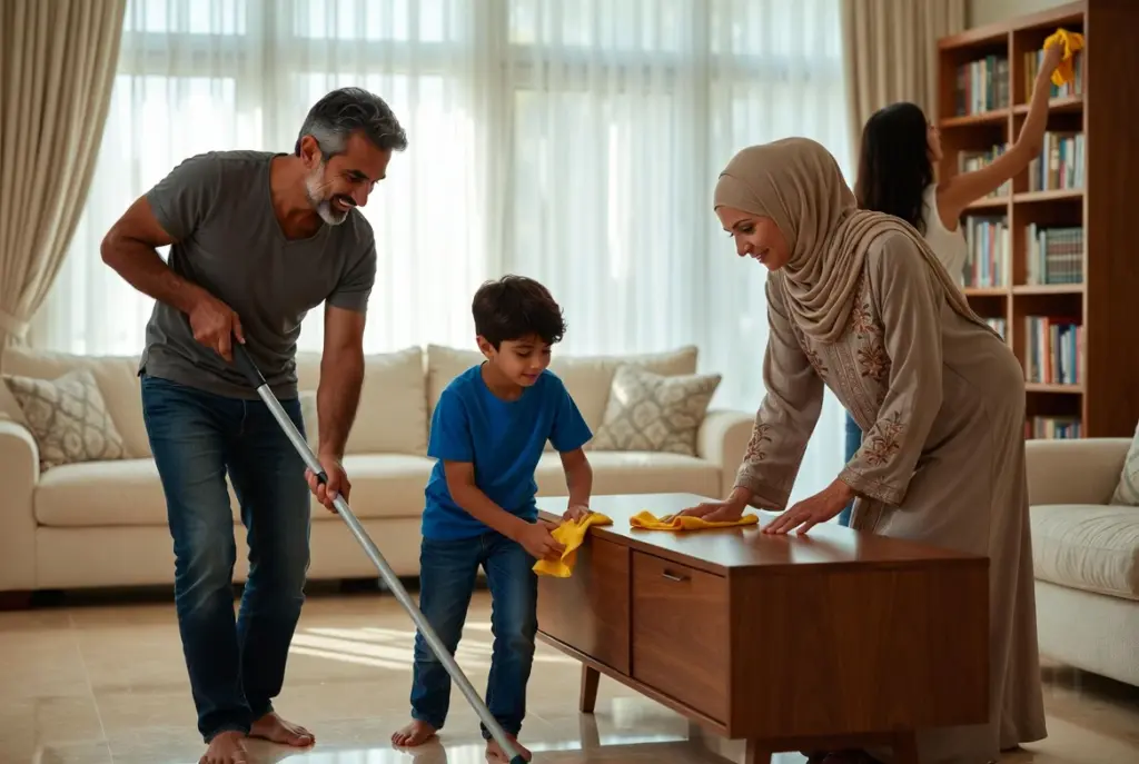 عائلة تتساعد في تنظيف المنزل