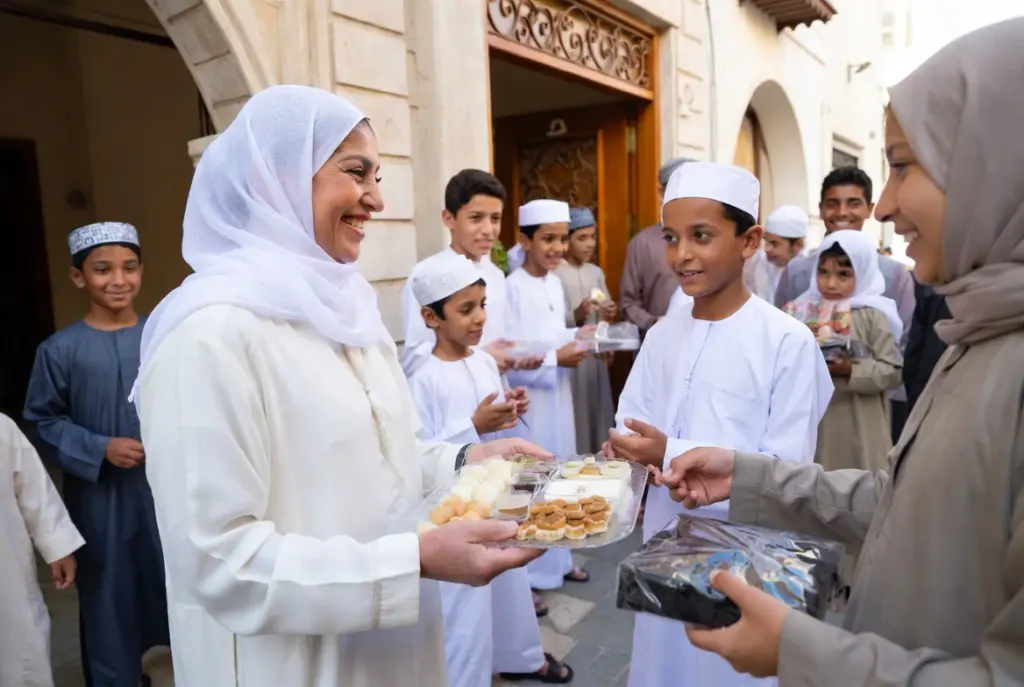 امرأة توزع الحلويات بمناسبة العيد