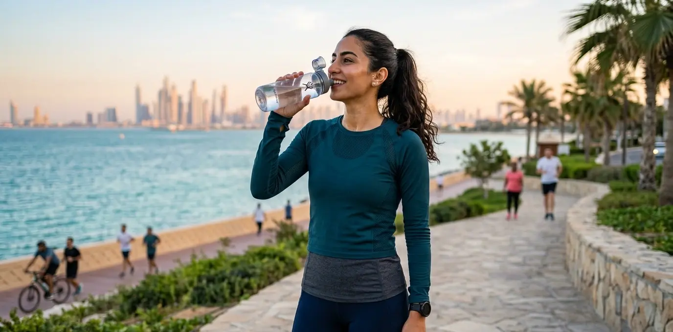 شابة رياضية تشرب الماء بوفرة