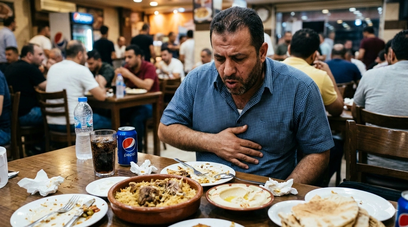 شخص يعاني من كثرة التجشؤ بعد الطعام