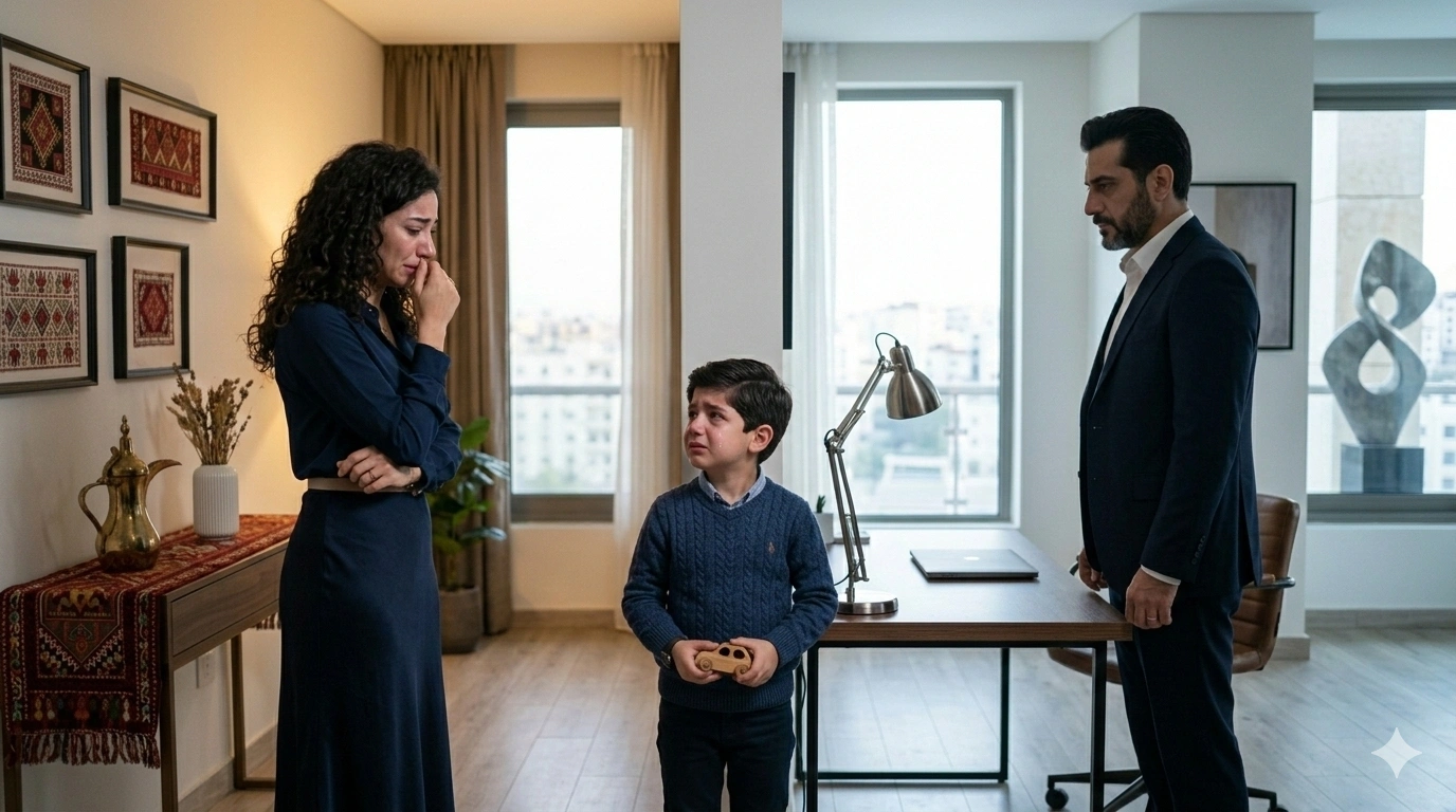 رجل وامرأة يتخذان قرار الانفصال أمام ابنهما
