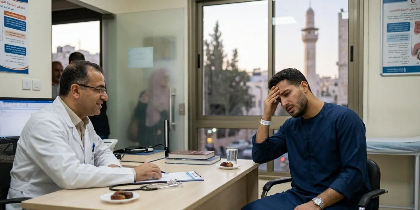 شاب يراجع الطبيب بسبب الدوخة أثناء الصيام