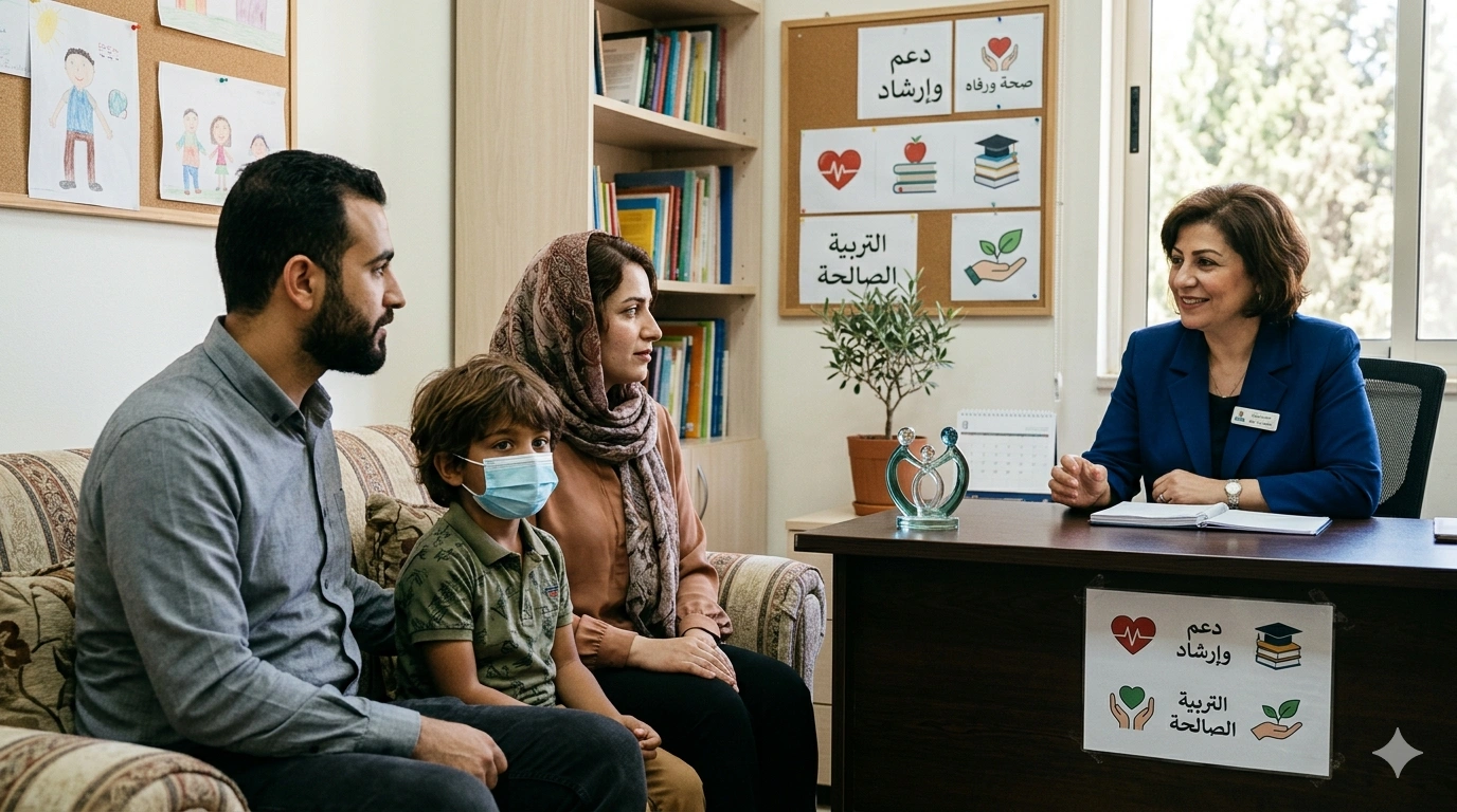 الأب والأم برفقة ابنهم في مكتب الإرشاد التربوي في المدرسة