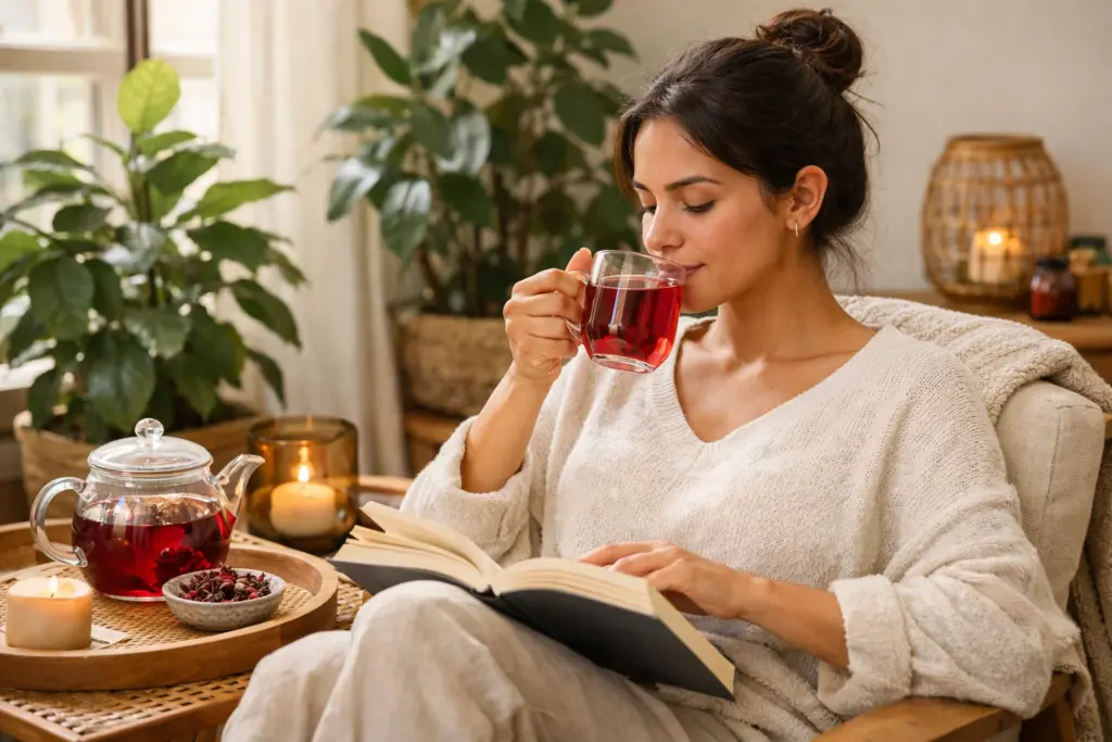 امرأة تقرأ وهي تشرب شاي الكركديه