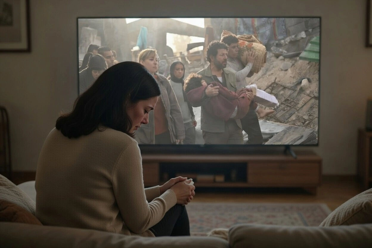امرأة تشاهد مقطع من مسلسل صحاب الأرض