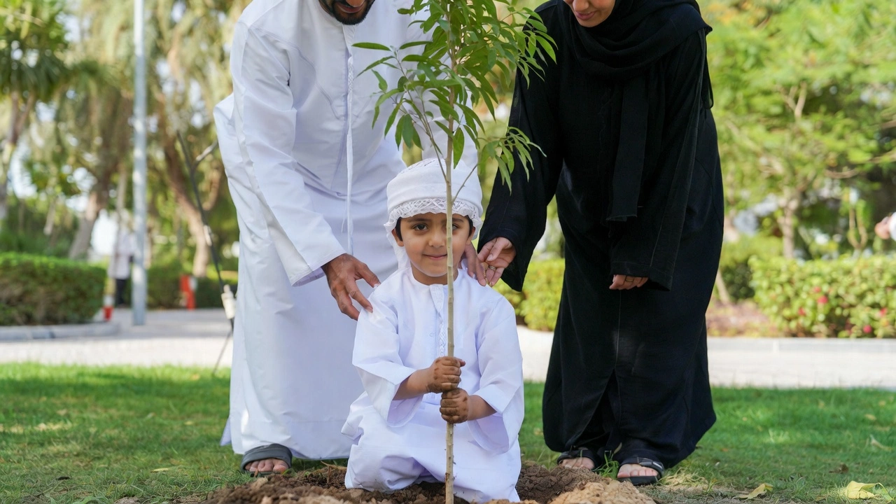 طفل يزرع شجرة بمشاركة والديه