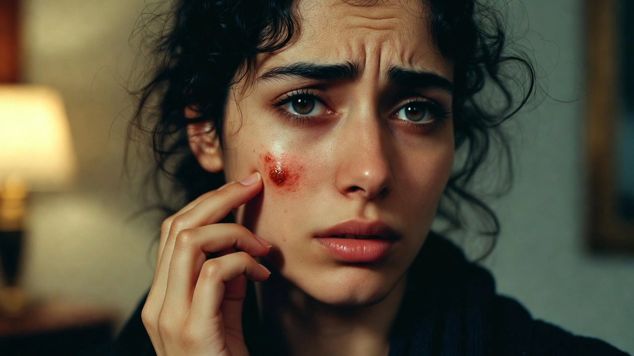 امرأة يظهر على وجهها حبة ملتهبة