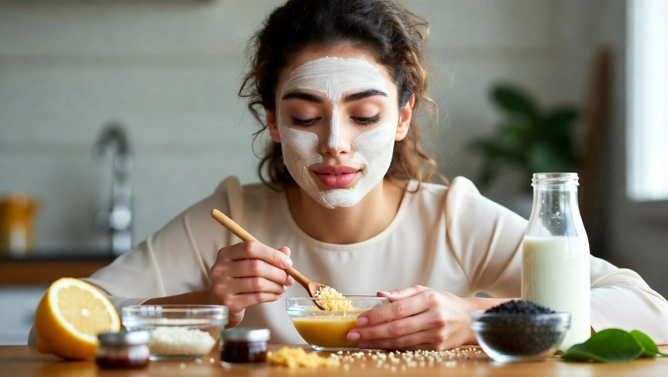 امرأة تجرب صنع خلطات منزلية للبشرة