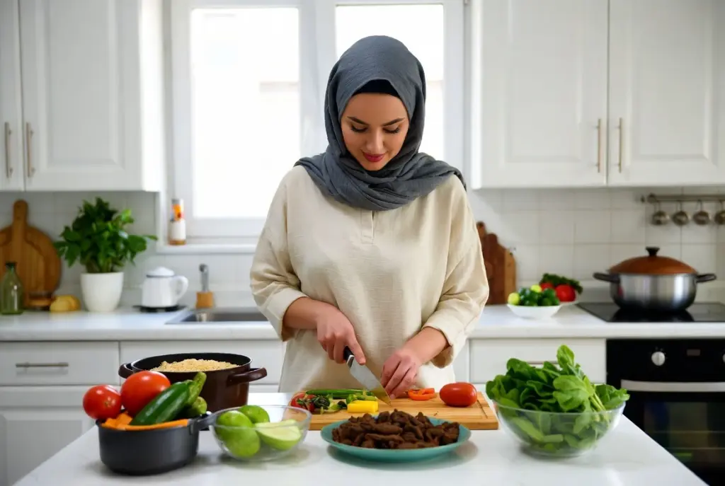 امرأة تحضر وجبة صحية