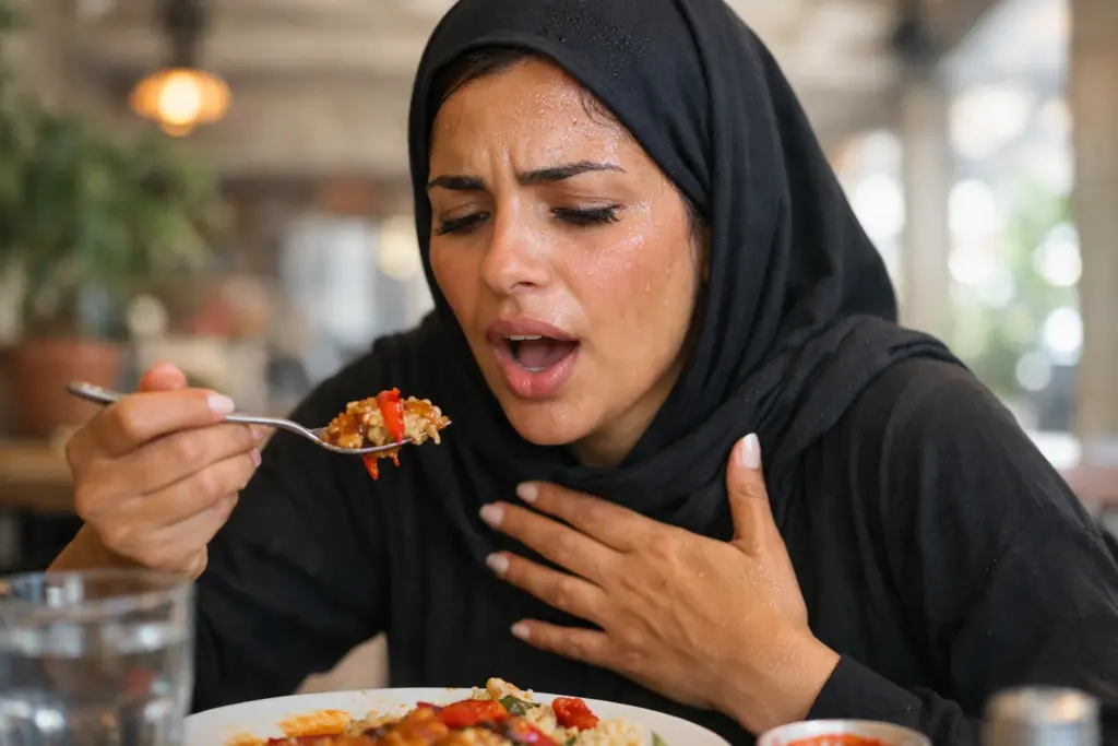 امرأة شابة تتناول طعامًا حارًا