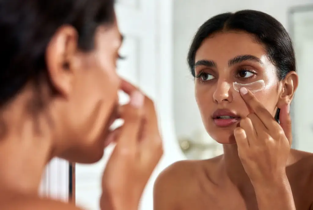 شابة تطبق منتجًا مخصصًا لمنطقة تحت العين