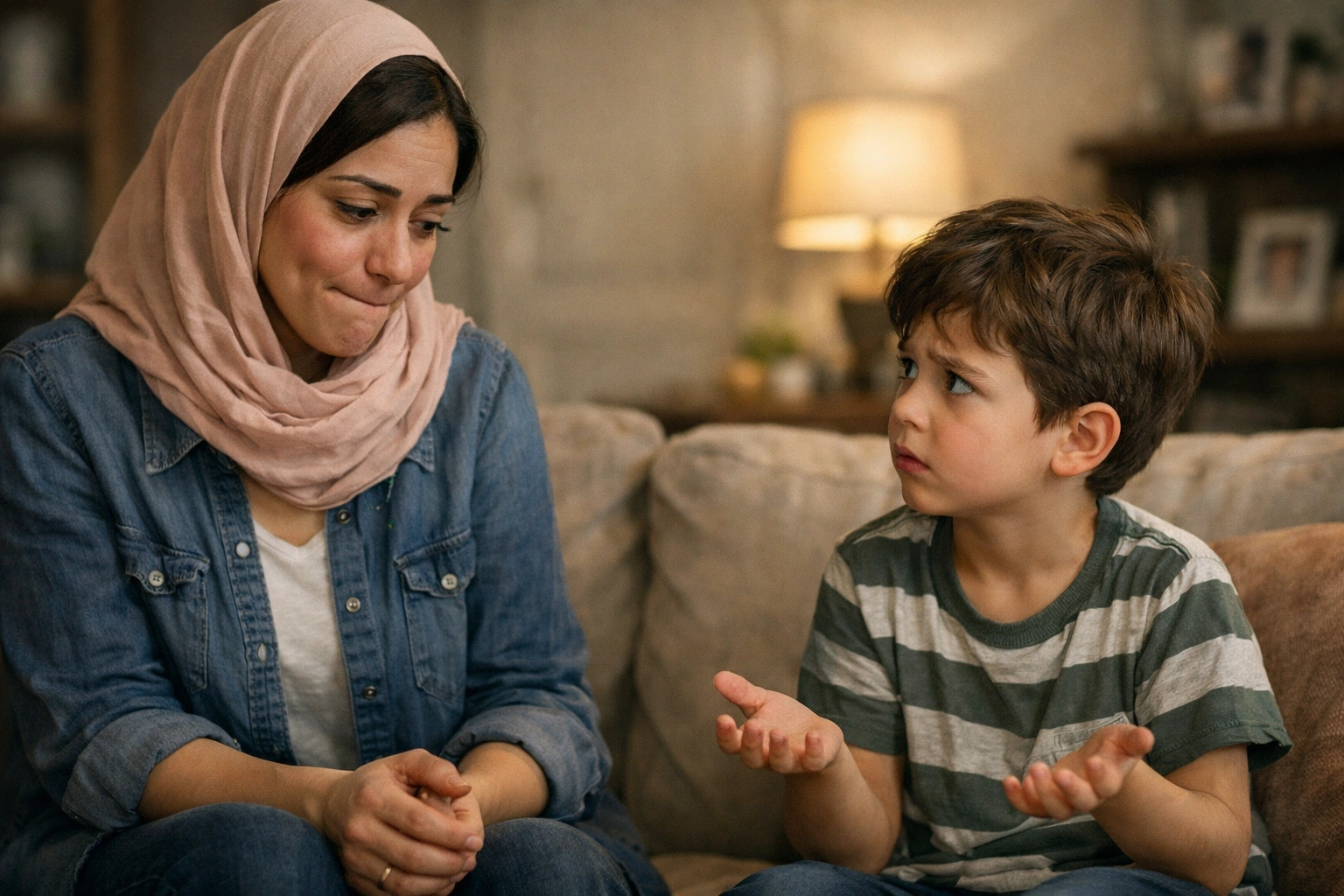 أم تتحدث مع طفلها ويظهر على وجهها تردد وخجل بينما الطفل يبدو مرتبكًا