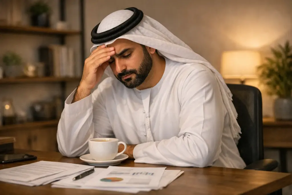رجل يعاني من القلق وأمامه كوب من القهوة ومجموعة أوراق