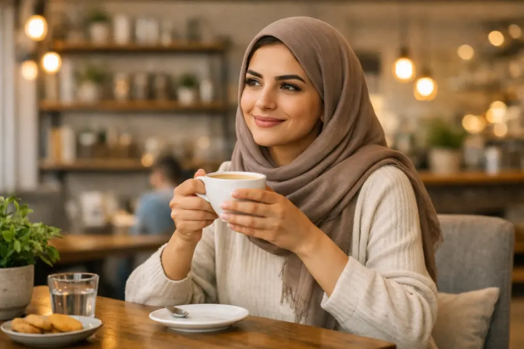 امرأة شابة تشرب كوبًا من القهوة