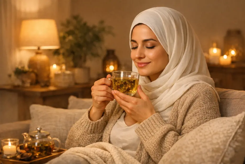 شاب تشرب كوبًا من شاي الأعشاب في بيئة مريحة