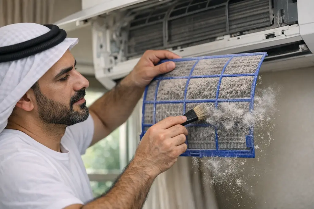 رجل ينظف فلاتر جهاز التكييف