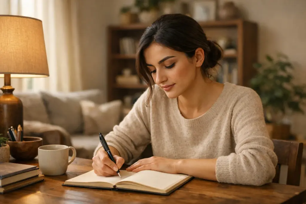 امرأة شابة تكتب في مذكرة