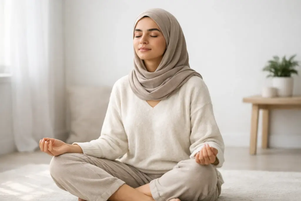 امرأة شابة تمارس التأمل في بيئة مريحة