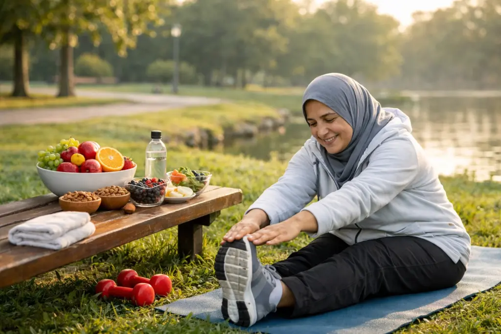 امرأة تمارس الرياضة وبجانبها مجموعة من الأطعمة الصحية